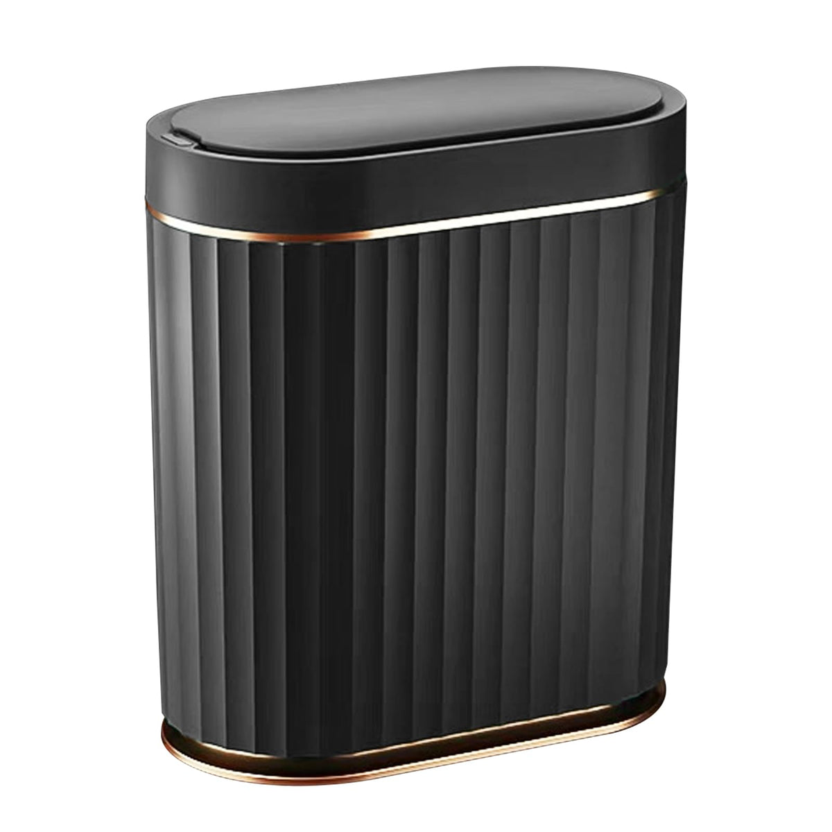 ELPHECO Black sensor trash can with automatic lid for hands-free bathroom use.