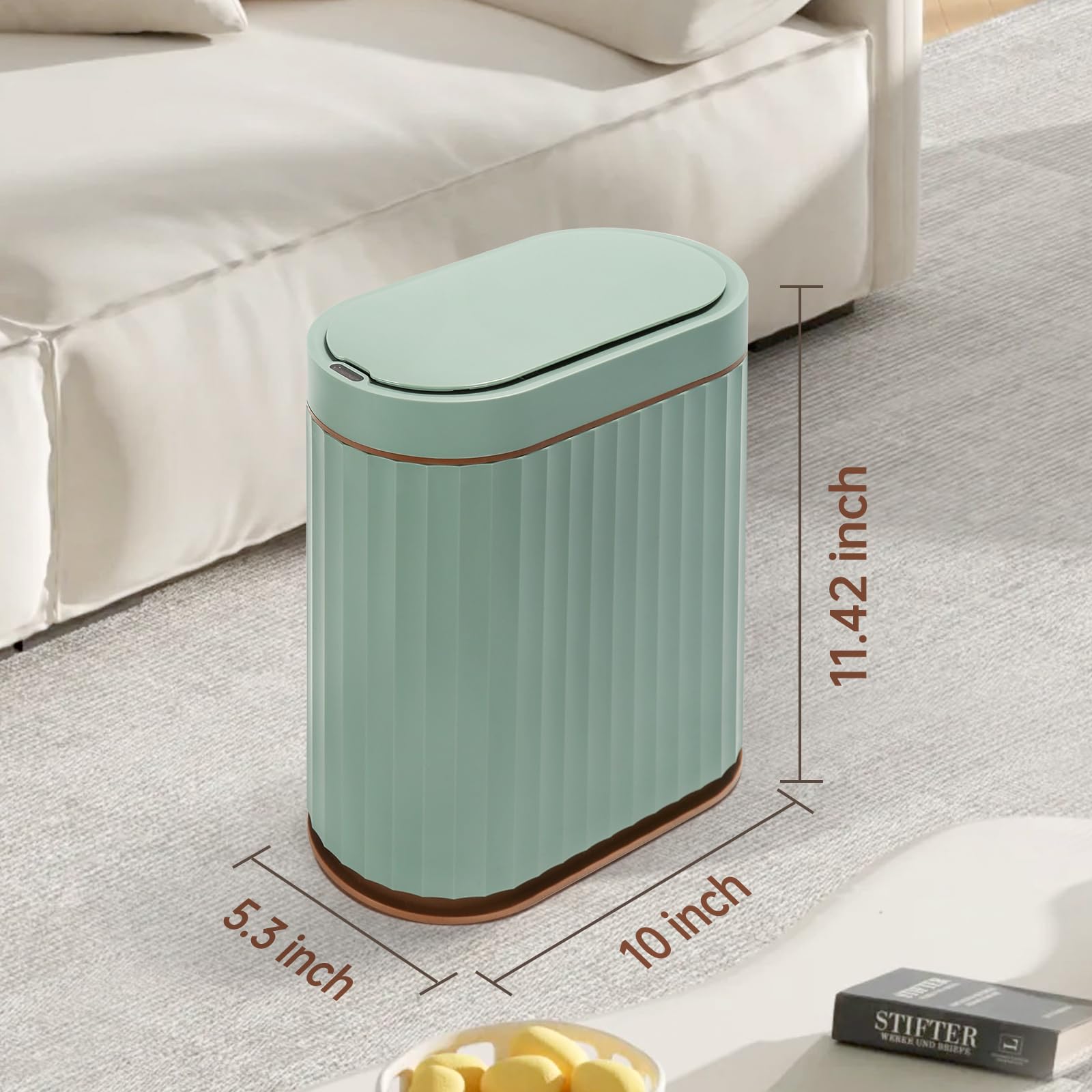 ELPHECO IPX5 waterproof trash bin in sage green, protects against moisture