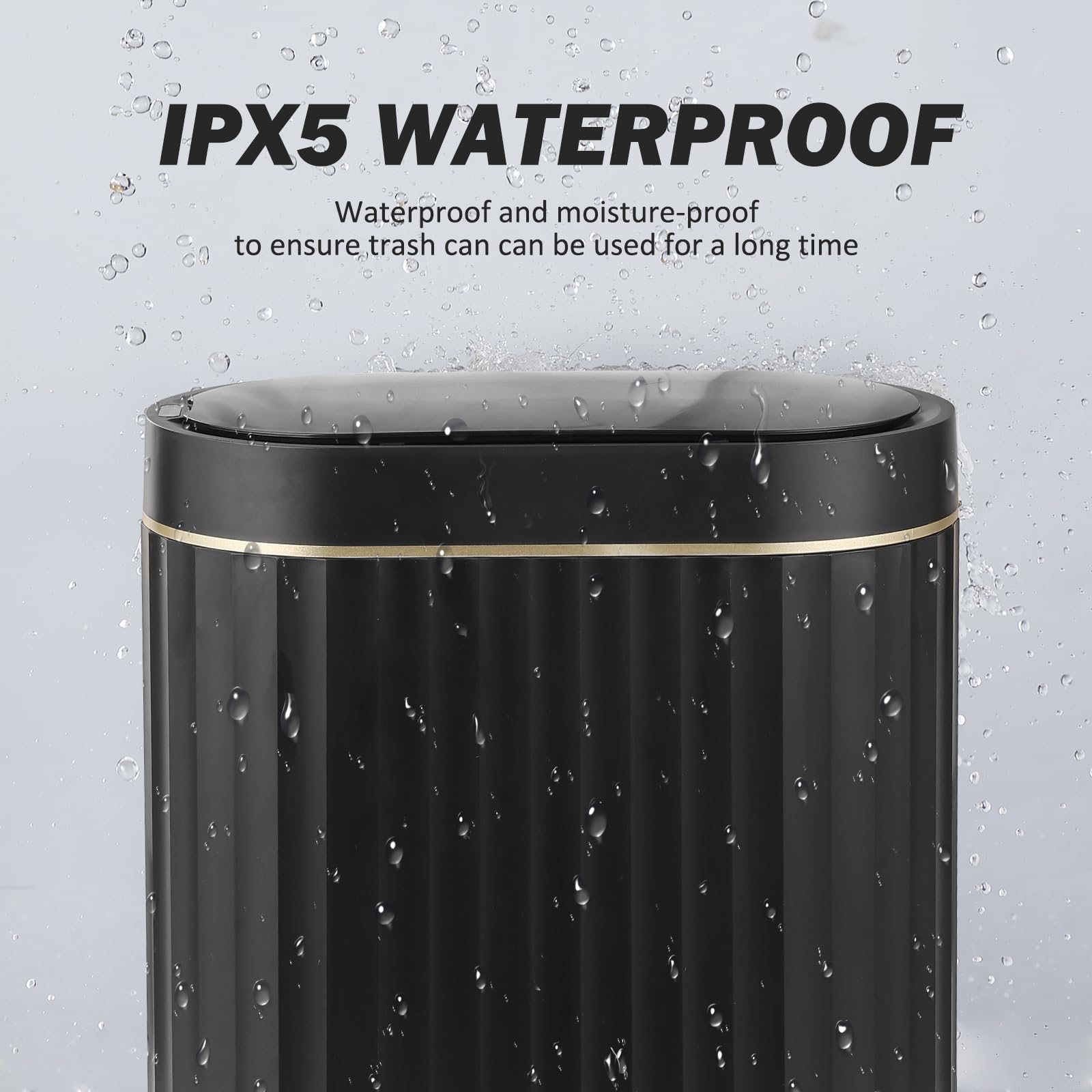ELPHECO IPX5 waterproof trash bin resists splashes in damp bathrooms.