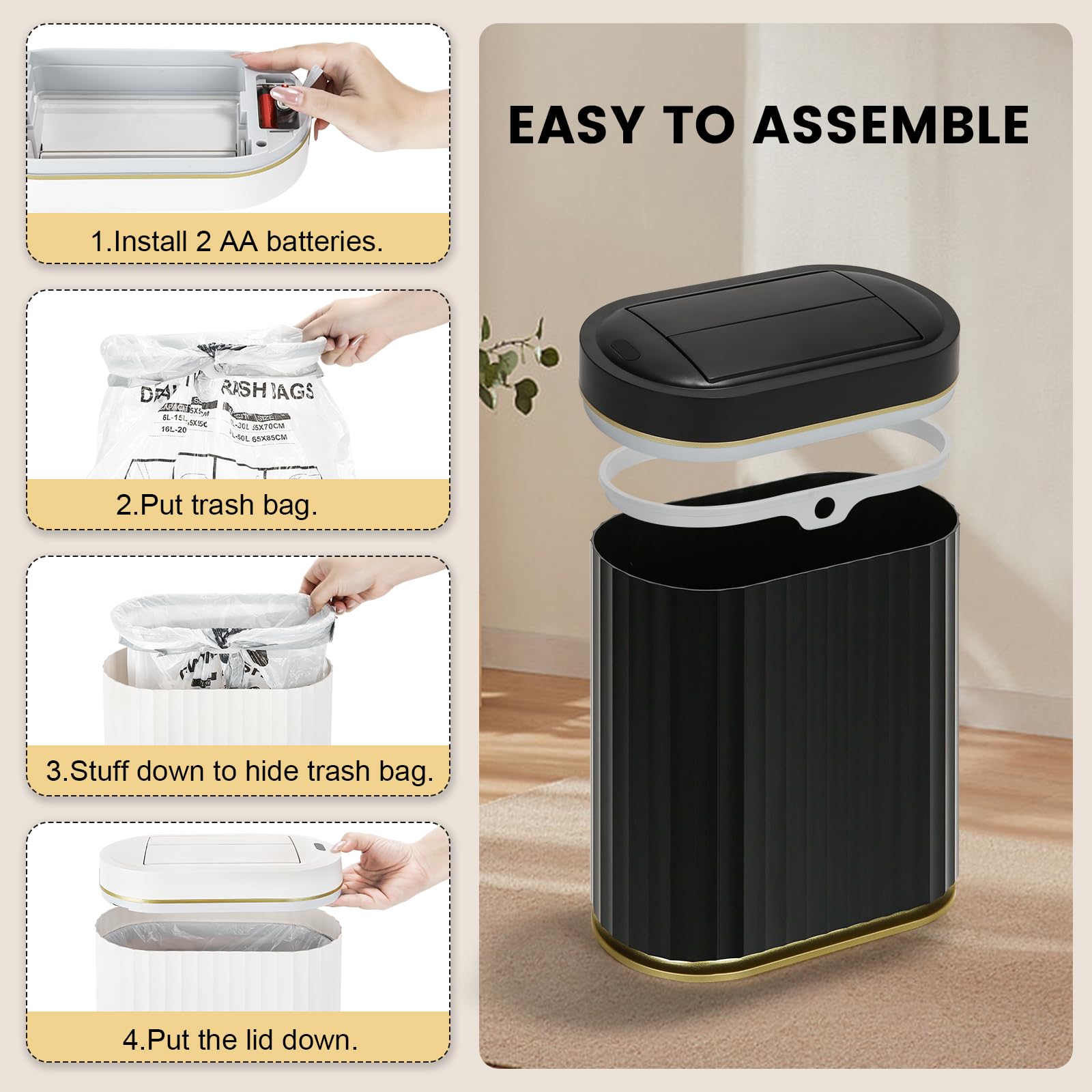 ELPHECO motion sensor trash bin enabling hygienic bathroom waste in seconds.