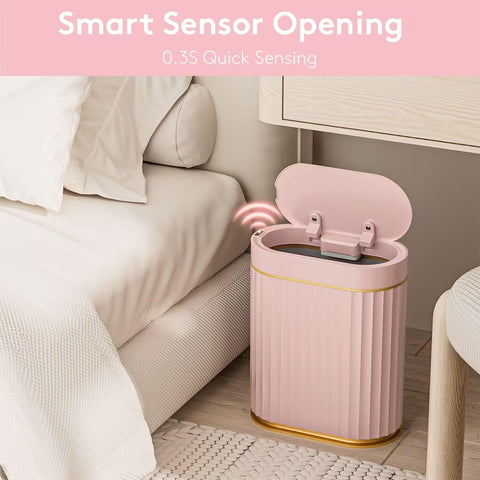 Slim dorm-room trash can fits tight spaces in pink gold
