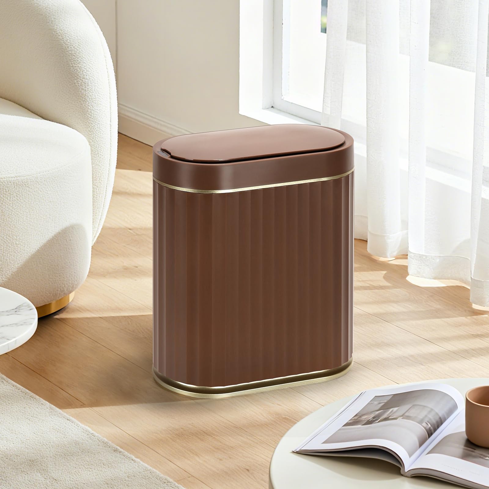 ELPHECO compact trash can shown in a bedroom, bathroom, and office setup