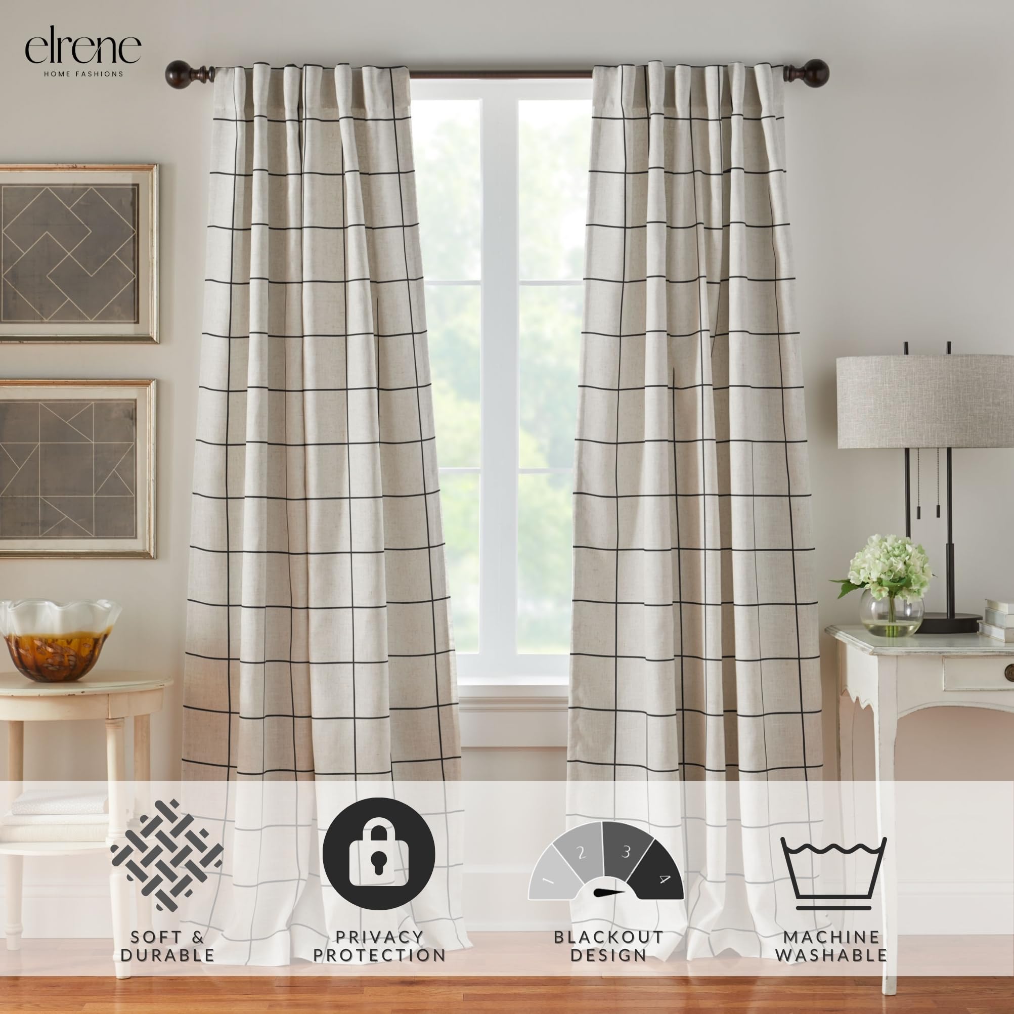 Elrene Brighton linen-blend curtain highlights texture for a warm living room feel.