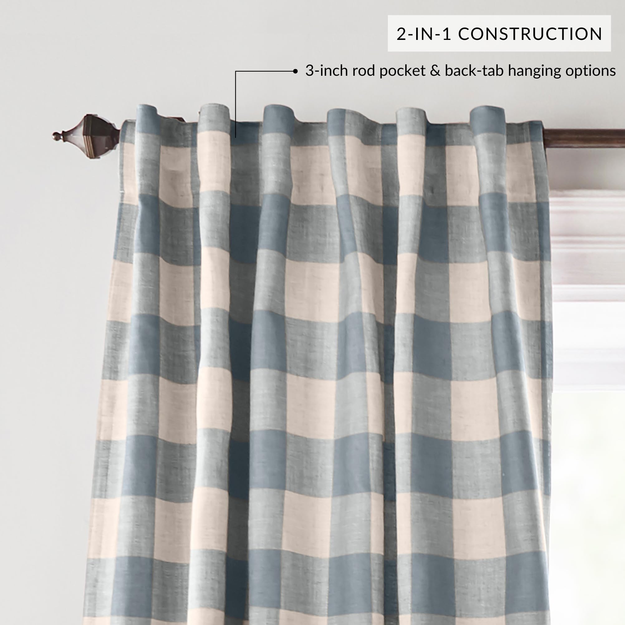 Elrene Grainger buffalo-check blackout panel back lining reduces glare and softens daylight.
