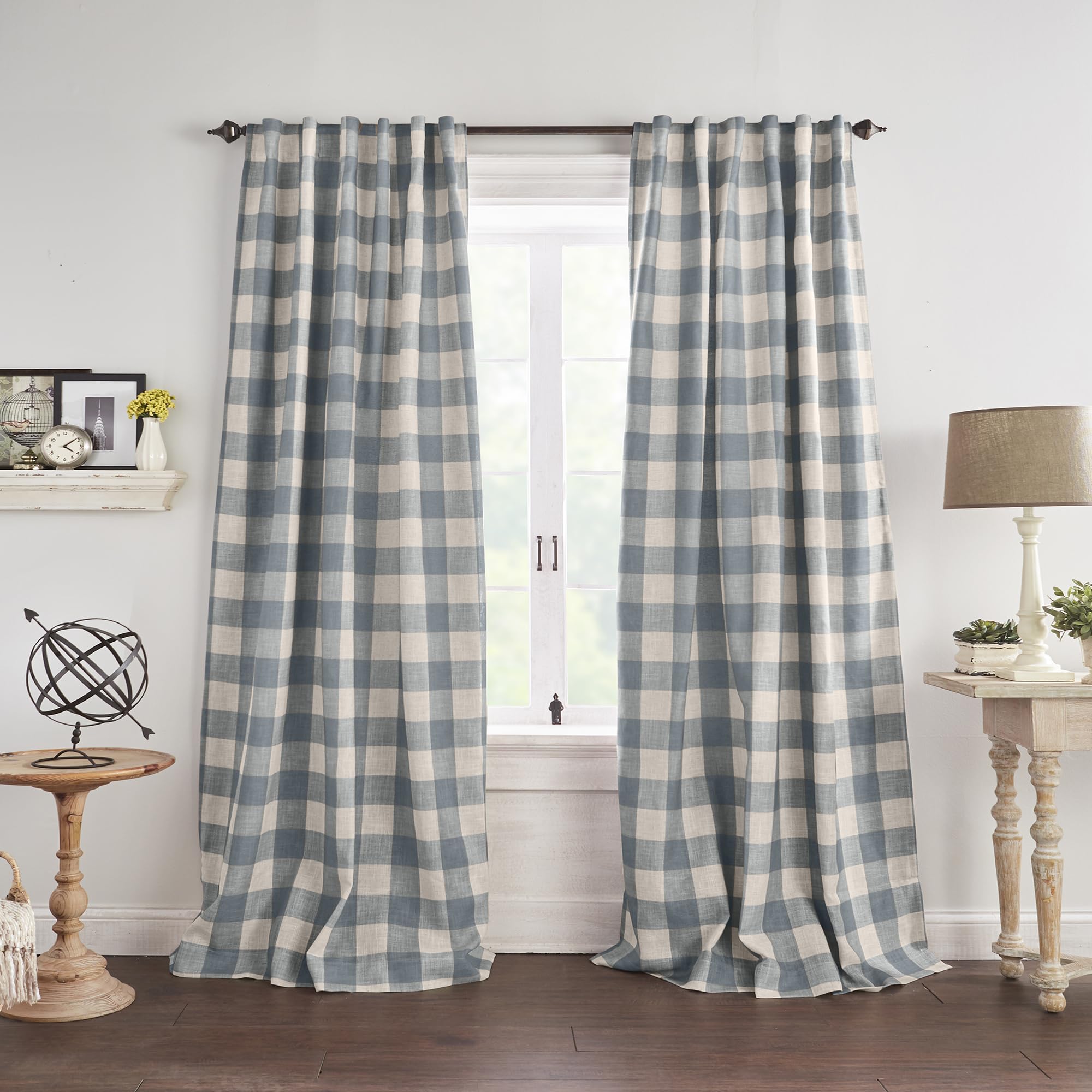 Elrene Grainger buffalo-check blackout panel fabric texture highlights linen-like weave and cozy feel.