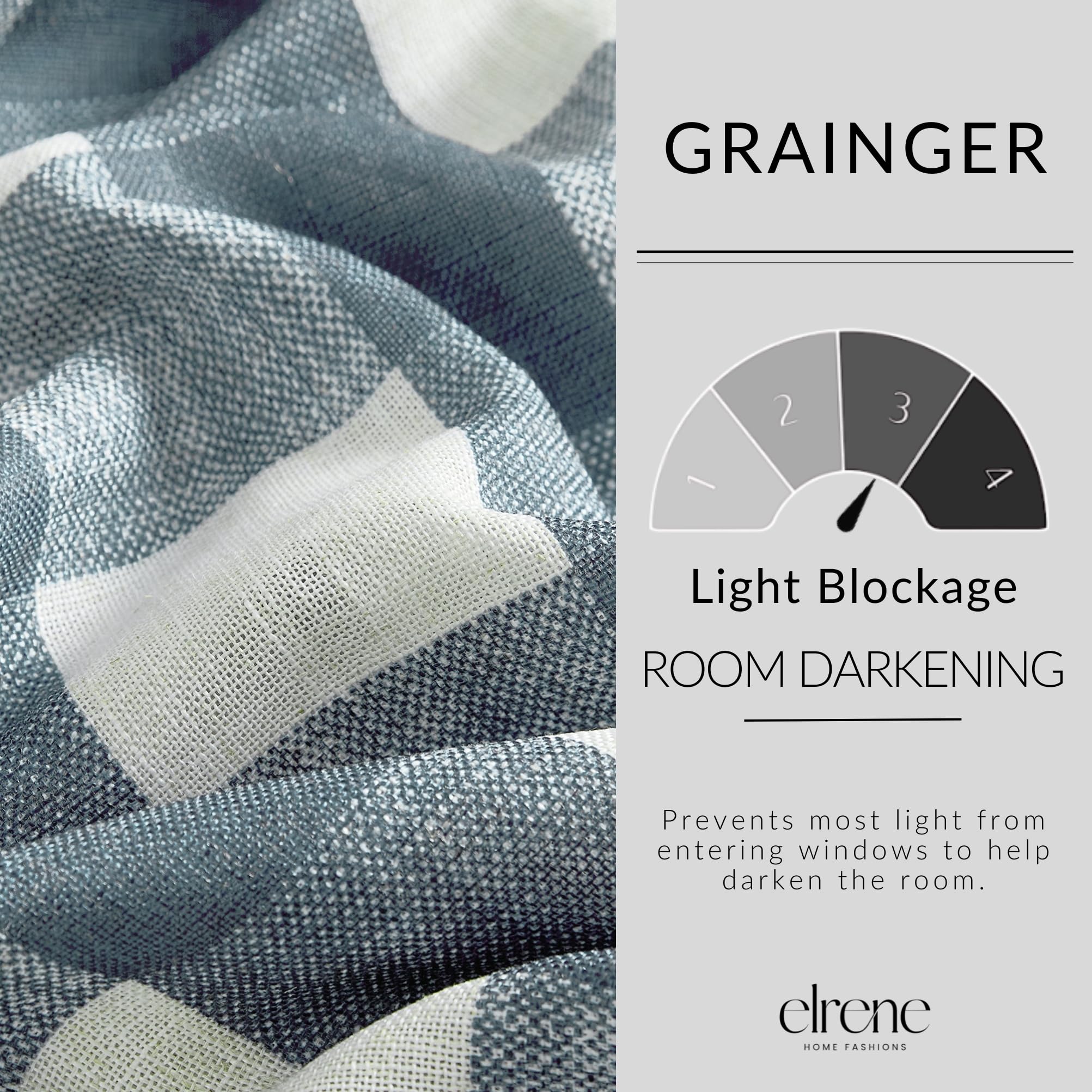 Elrene Grainger buffalo-check blackout panel rod-pocket detail supports easy hanging and secure placement.
