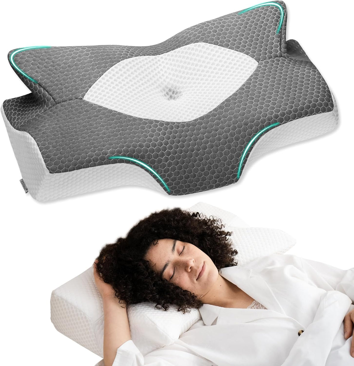 Elviros cervical memory foam pillow with dual height supports back and side sleepers.