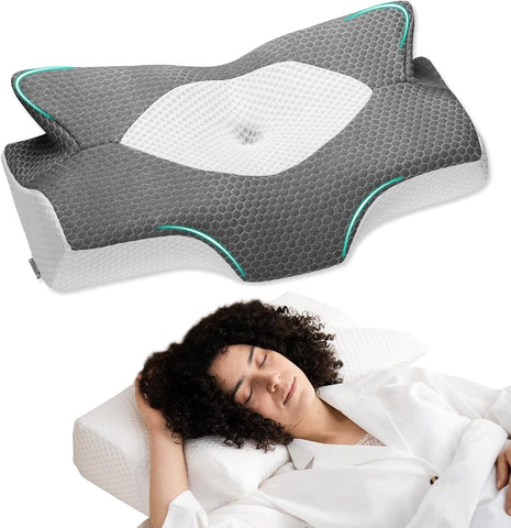 Elviros cervical memory foam pillow with dual height supports back and side sleepers.