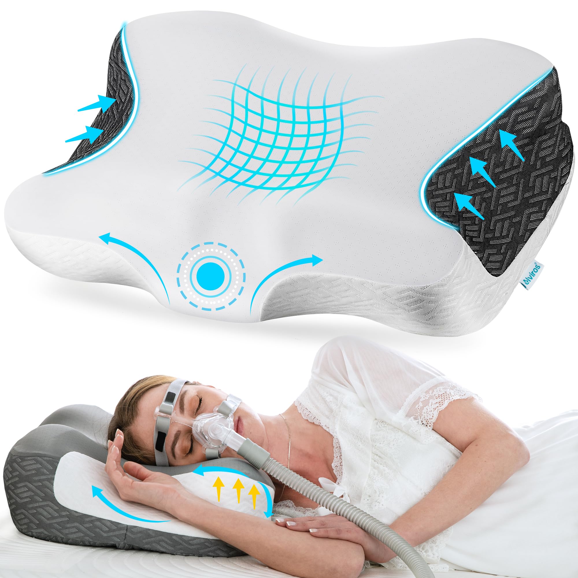 Elviros cervical neck pillow side view showing ergonomic neck support