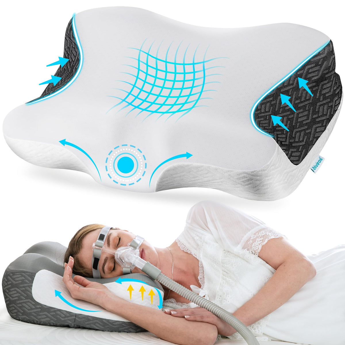 Elviros cervical neck pillow side view showing ergonomic neck support