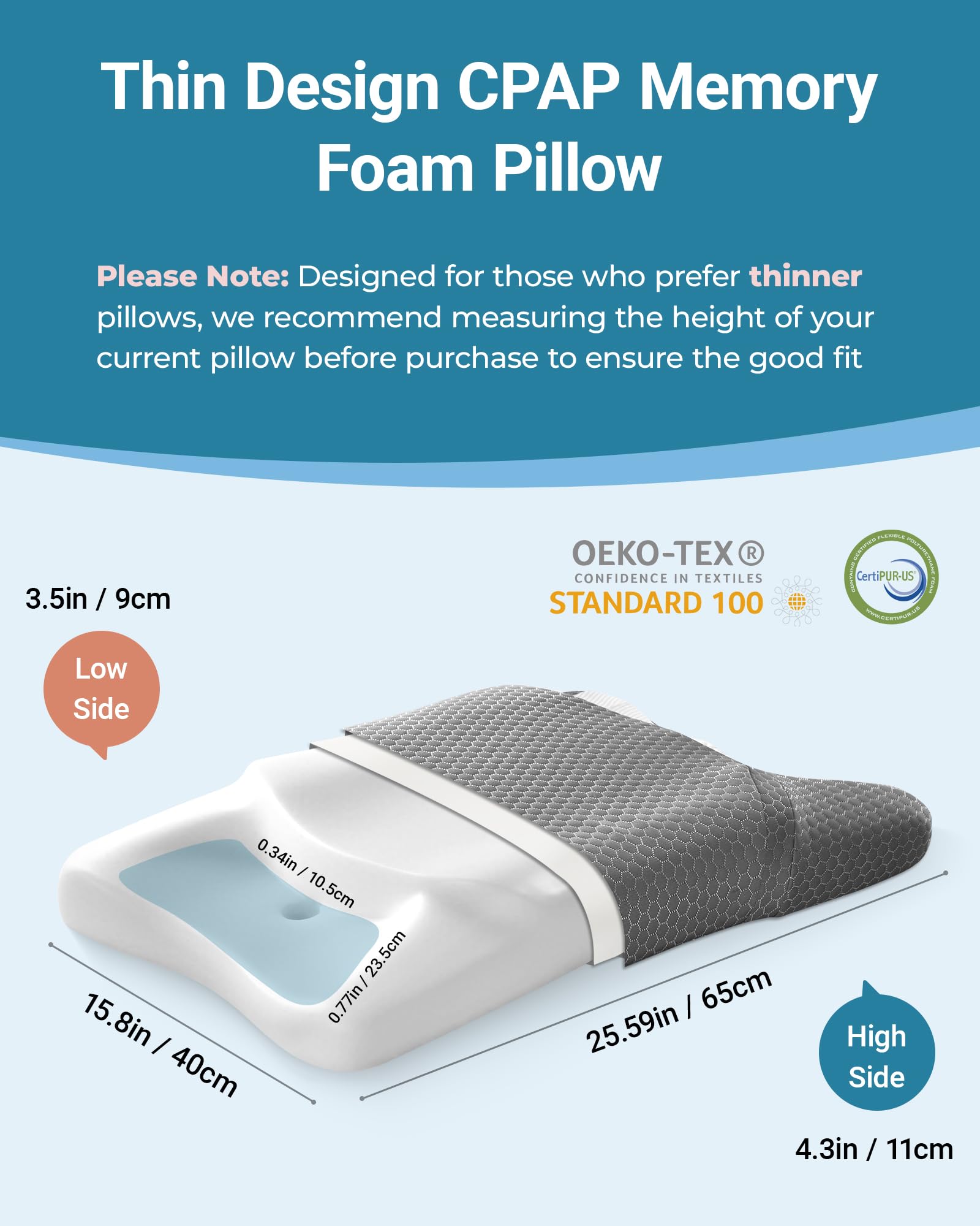 Elviros CPAP pillow dual side cutouts prevent mask displacement during sleep.