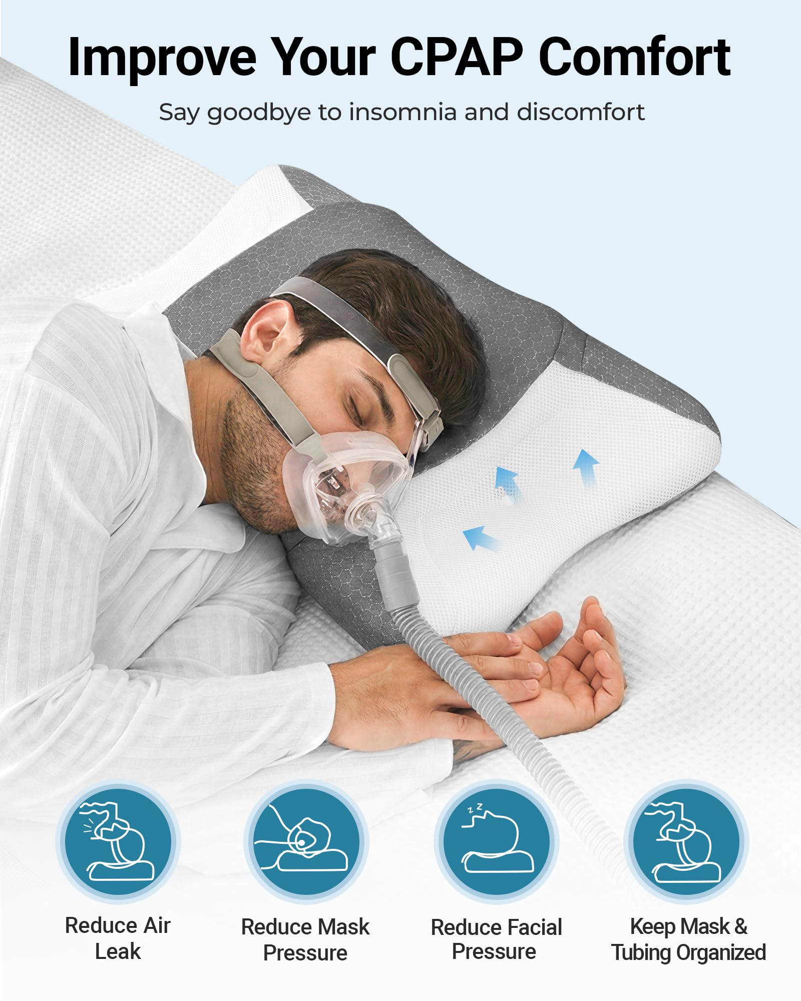 Elviros CPAP pillow mask-friendly area provides extra room for side turns.