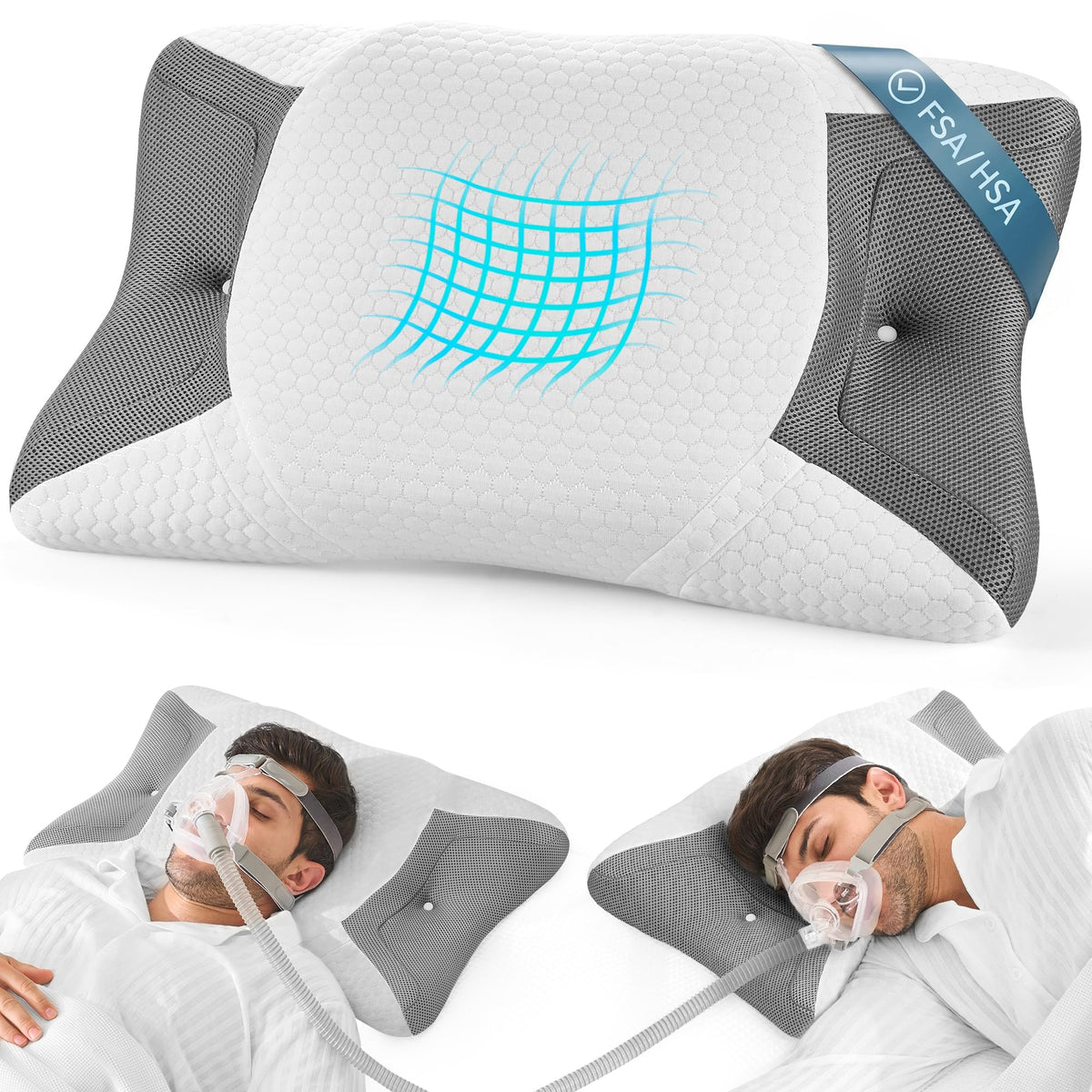 Elviros CPAP pillow with side cutouts reduces mask displacement for side sleepers.
