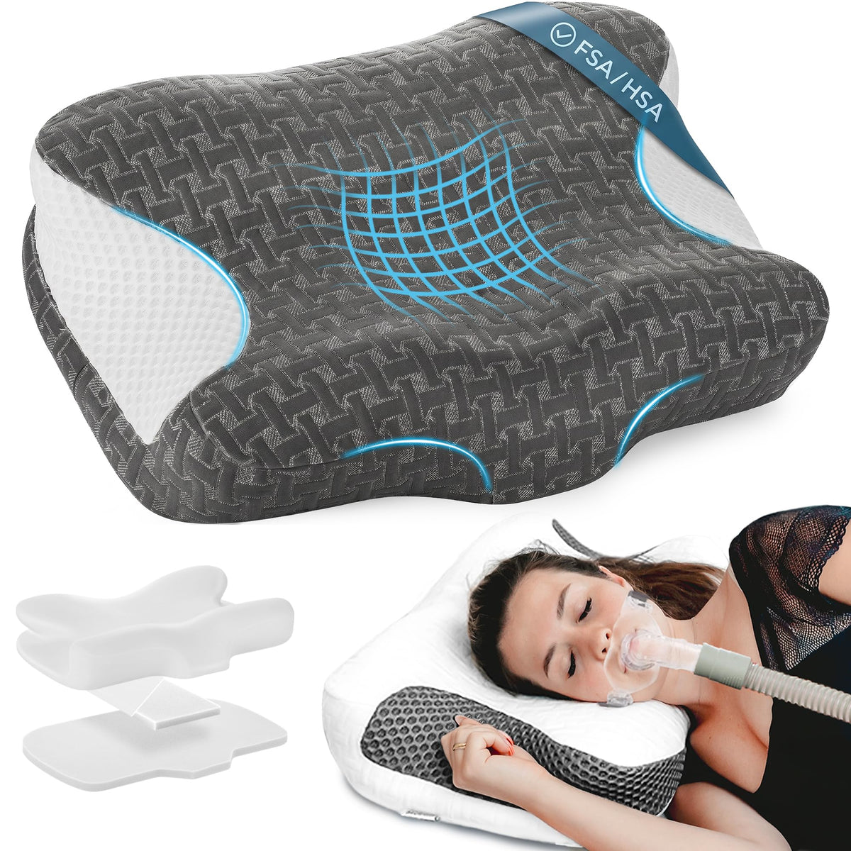 Elviros CPAP pillow with side cutouts for mask relief and tubing management
