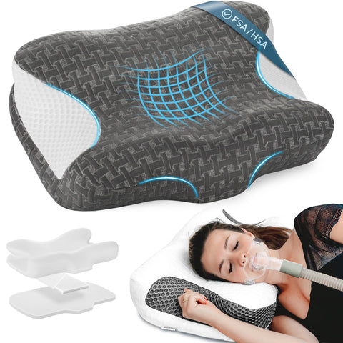 Elviros CPAP pillow with side cutouts for mask relief and tubing management