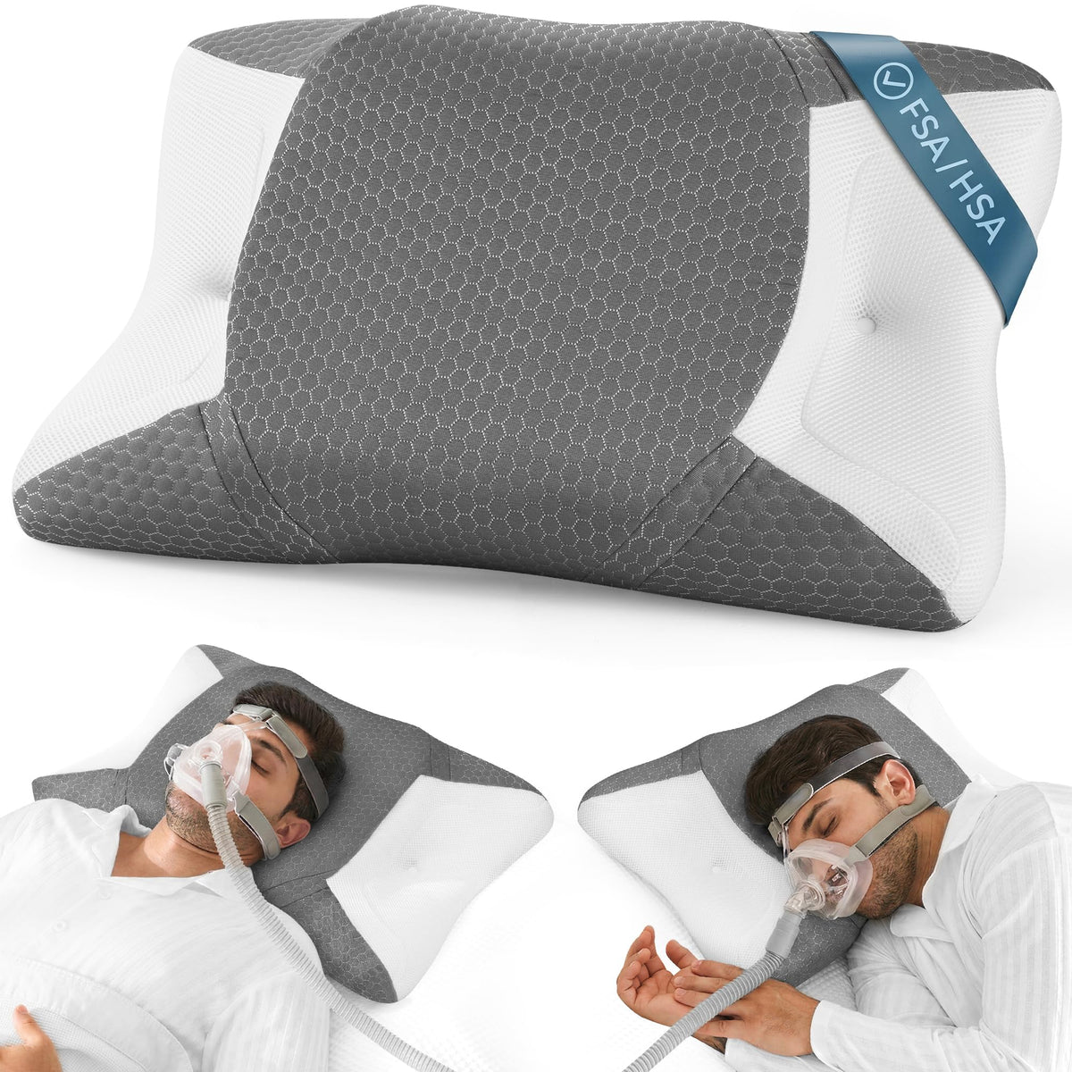 Elviros CPAP pillow for side sleeping reduces mask leaks and keeps tubing in place.