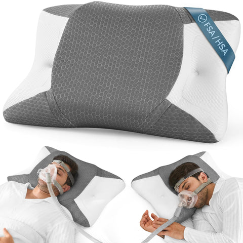 Elviros CPAP pillow for side sleeping reduces mask leaks and keeps tubing in place.