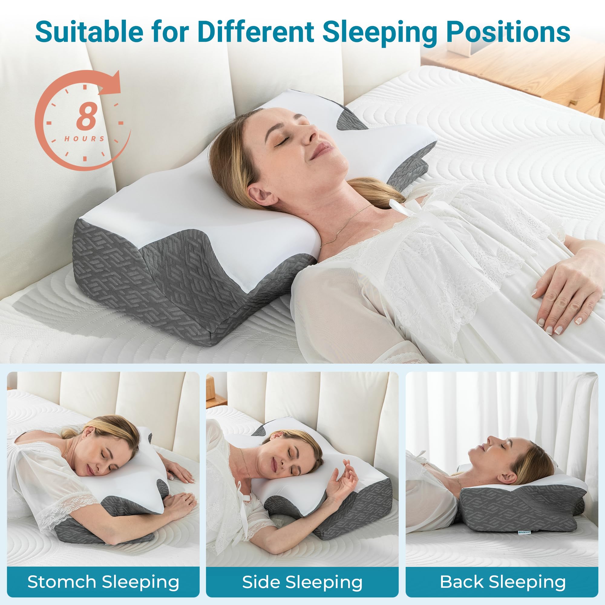 Elviros side sleeper image emphasizes neck alignment and comfort.