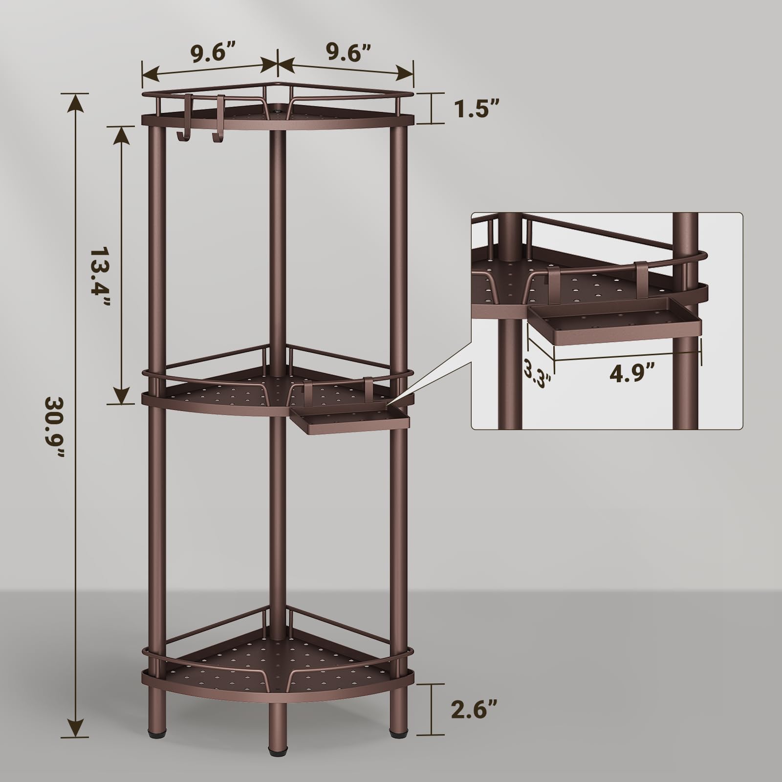 ELYKEN 3-tier bronze shower shelf offers accessible storage for toiletries.