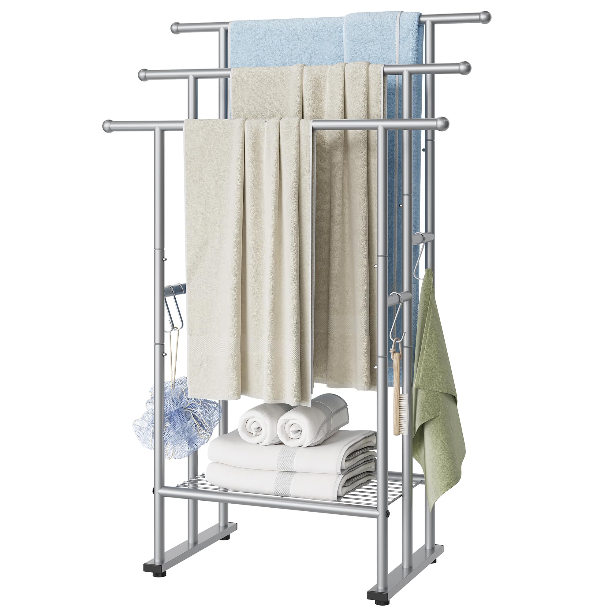 ELYKEN 3-tier towel rack stands 40 inches tall, keeping towels off the floor and organized.