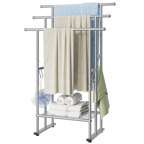 ELYKEN 3-tier towel rack stands 40 inches tall, keeping towels off the floor and organized.