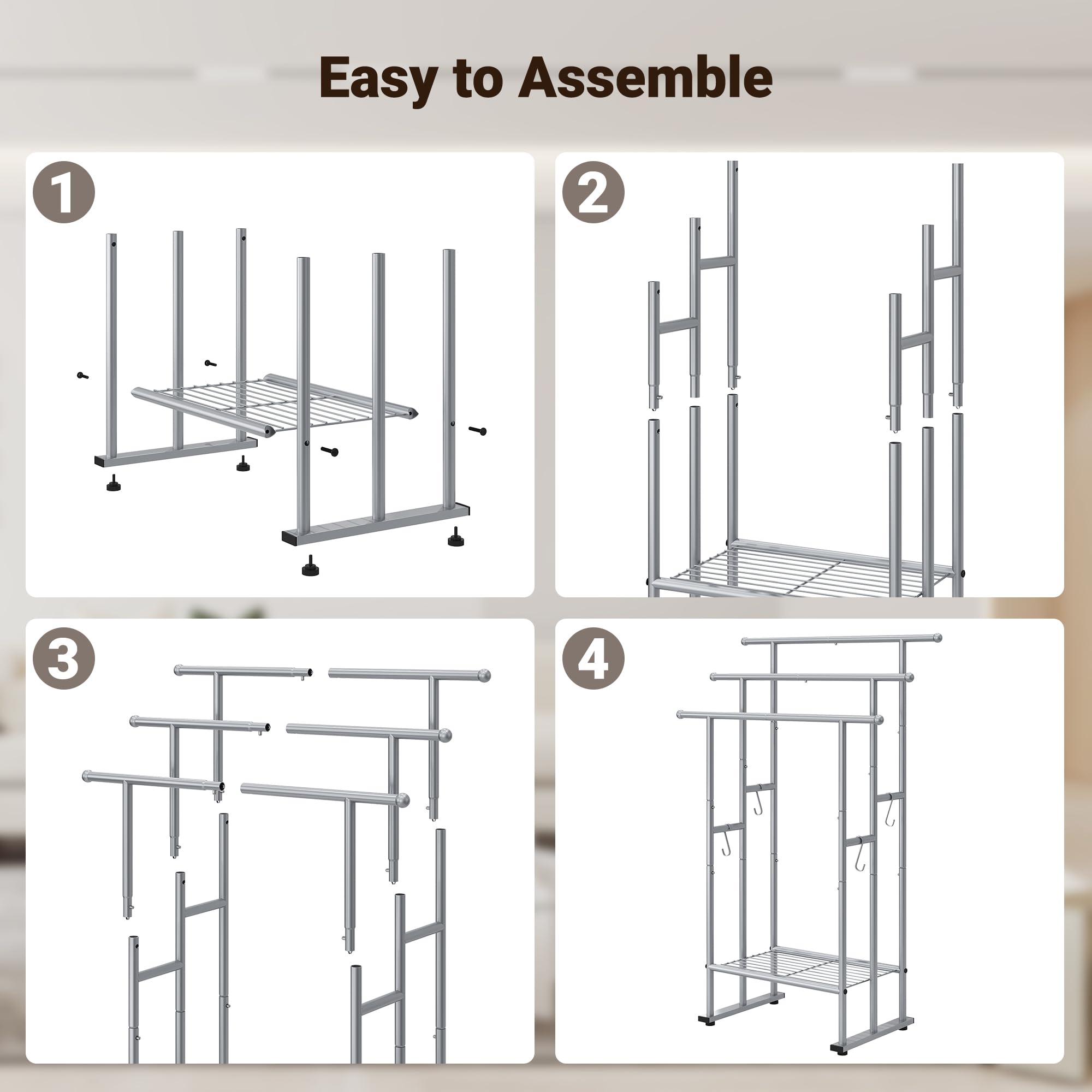 ELYKEN 360-degree adjustable feet help level the rack on uneven floors.
