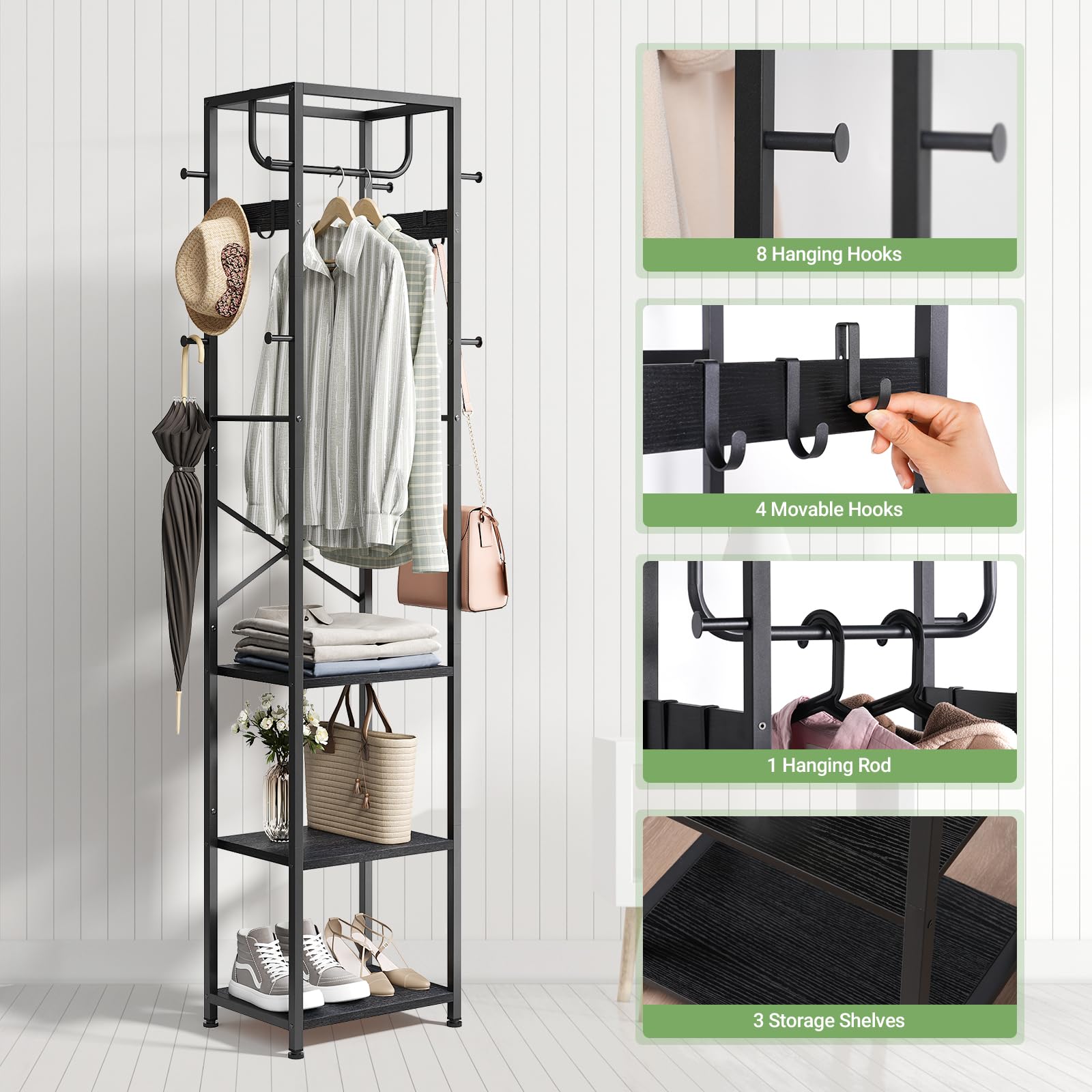 ELYKEN hanging rods provide versatile storage for coats and accessories.