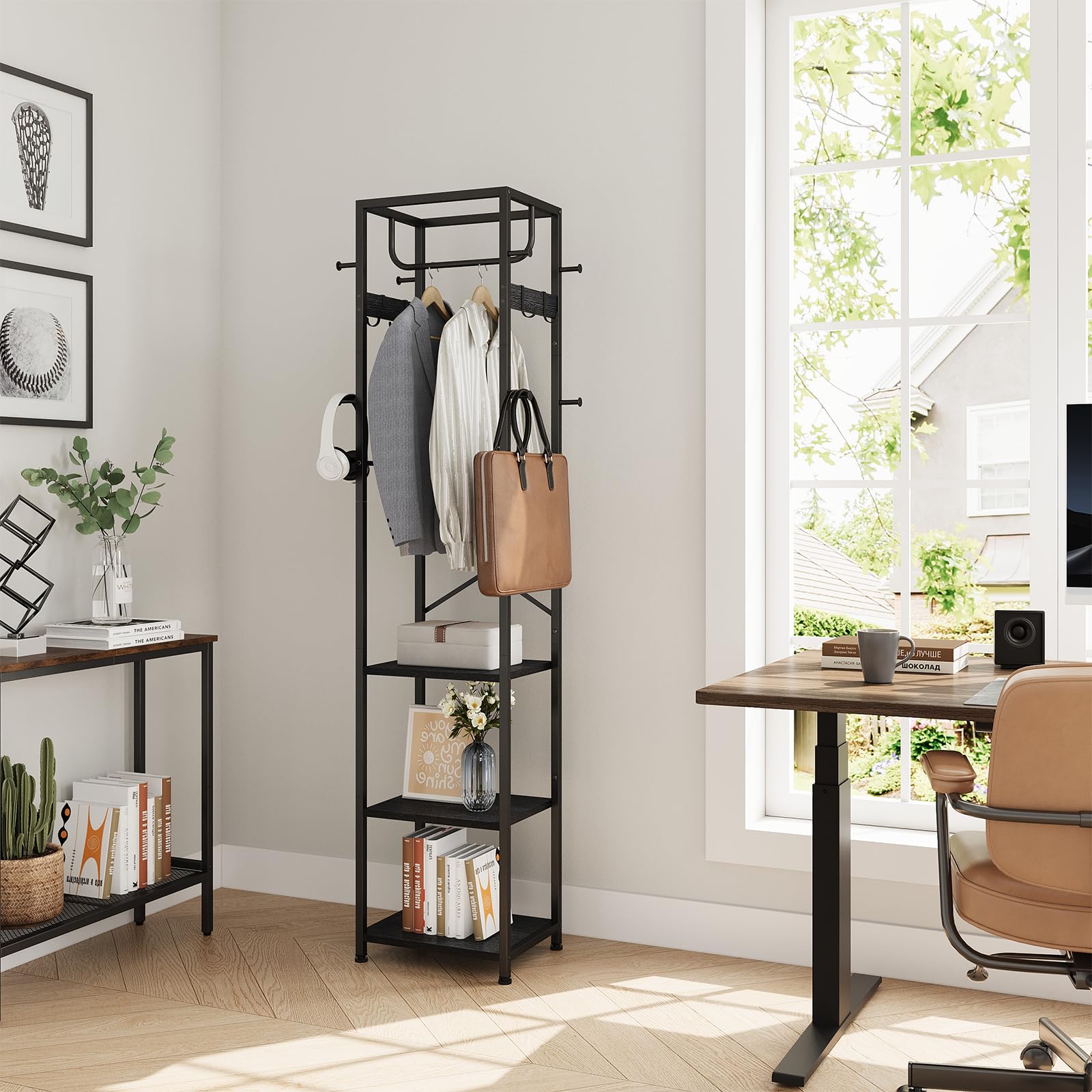 ELYKEN shoe-and-plant shelves maximize small-space organization.