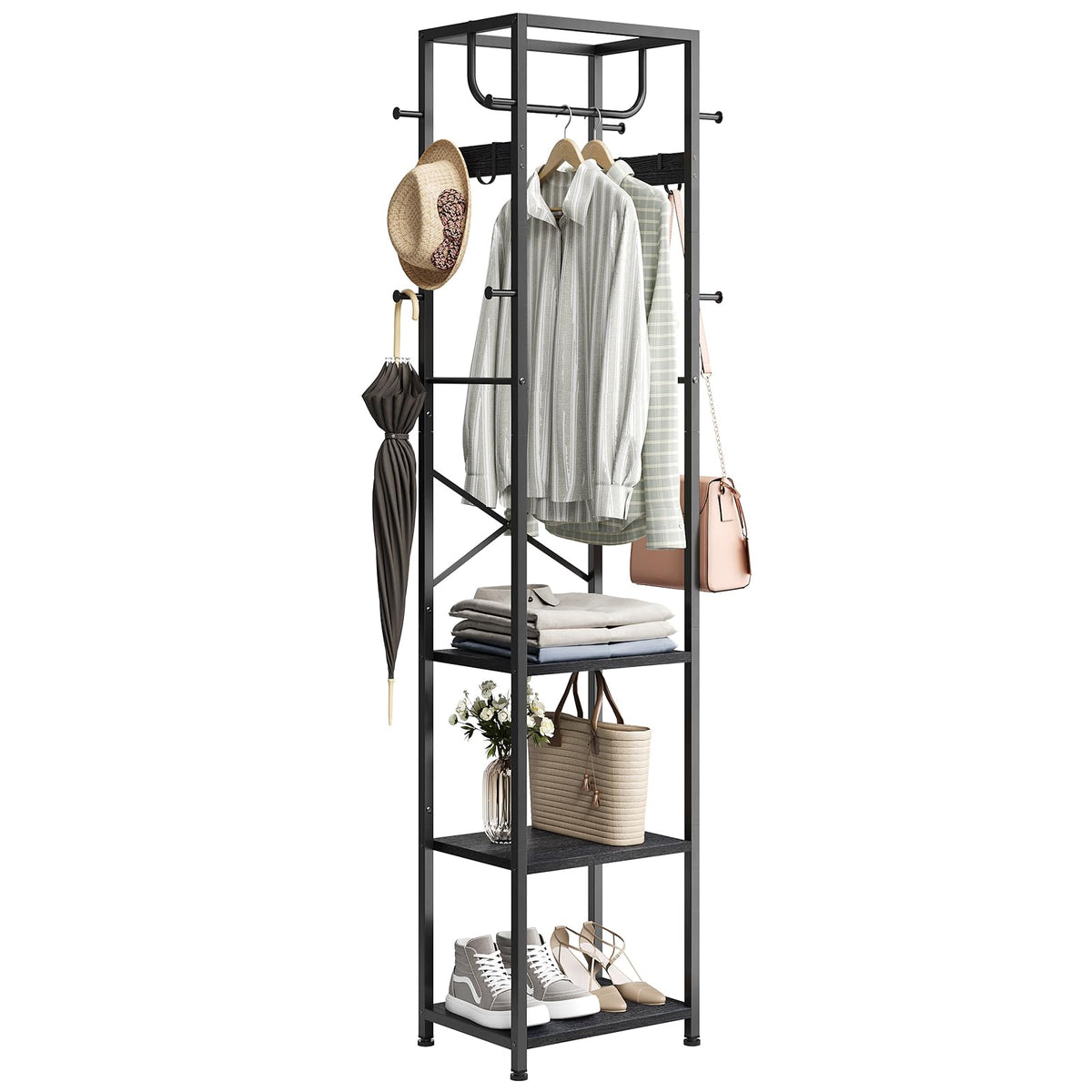 ELYKEN coat rack free-standing with three shelves for organized entryway storage.