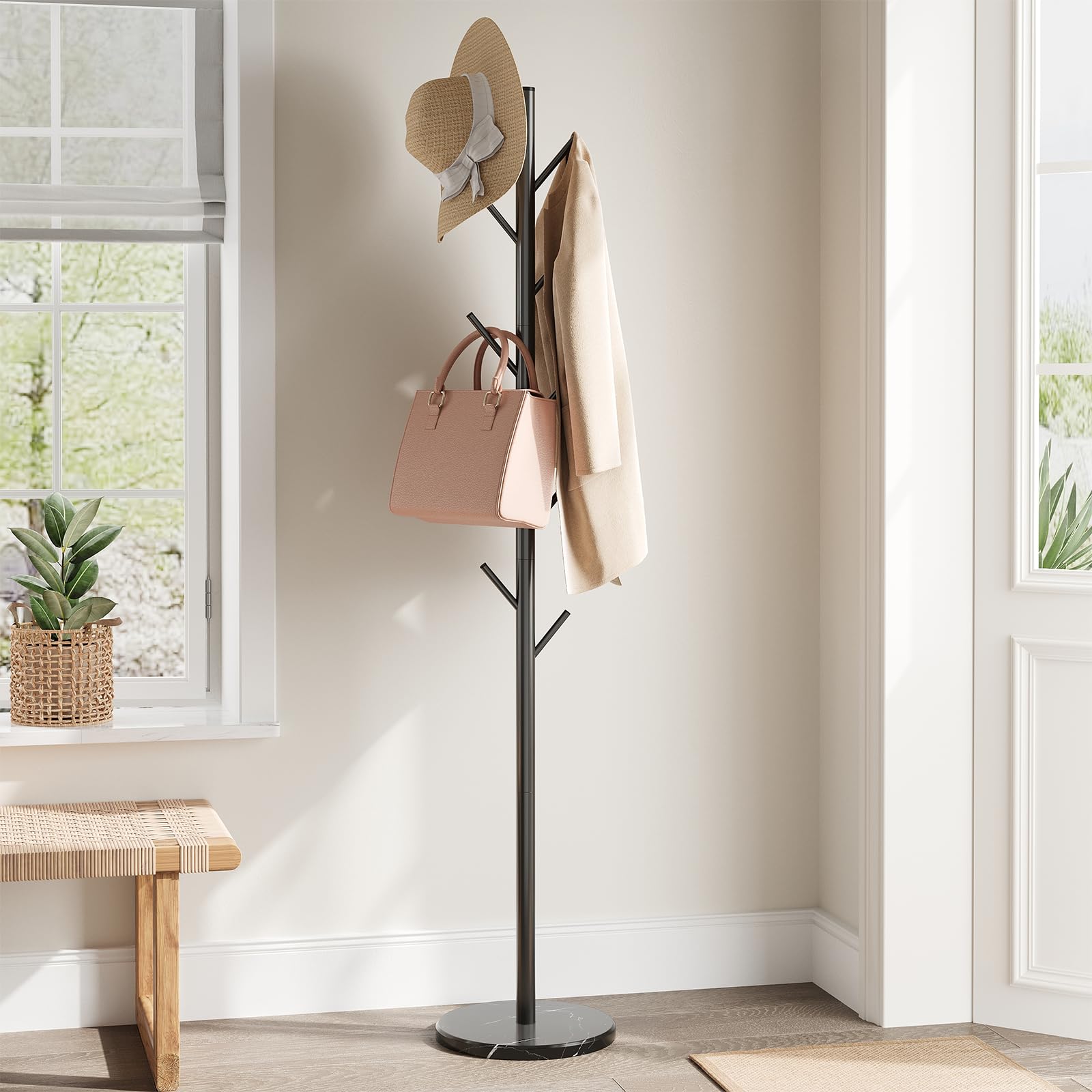 ELYKEN coat rack with marble base provides stable entryway storage for coats and bags.