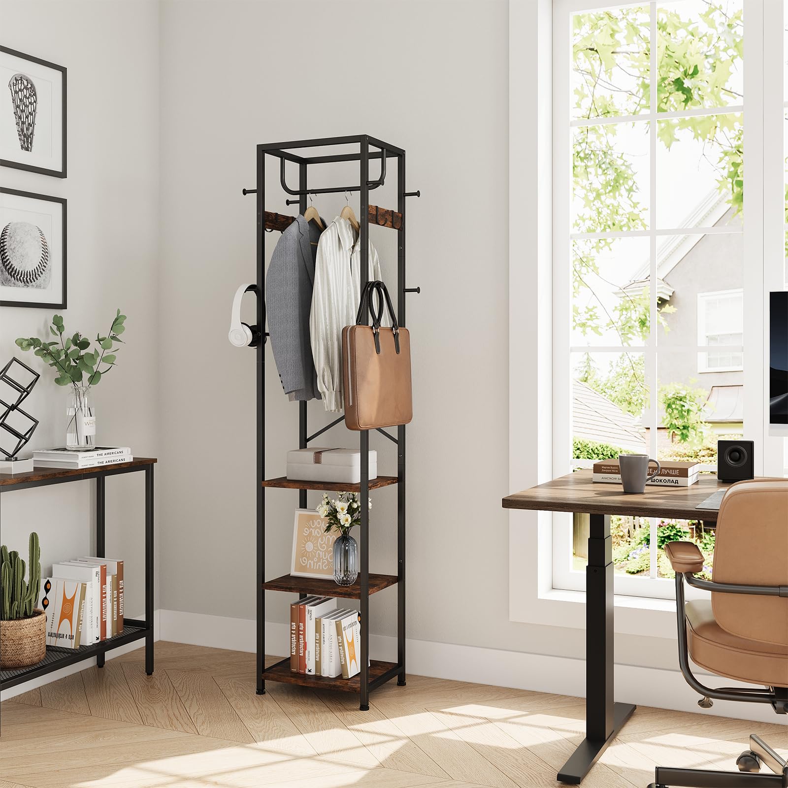 ELYKEN coat rack with adjustable feet stabilizes on uneven floors