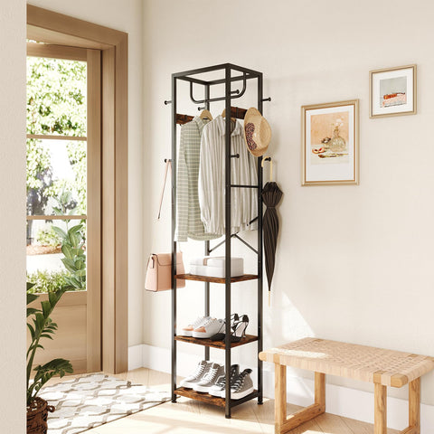 ELYKEN coat rack with storage shelves and hooks for organized footwear