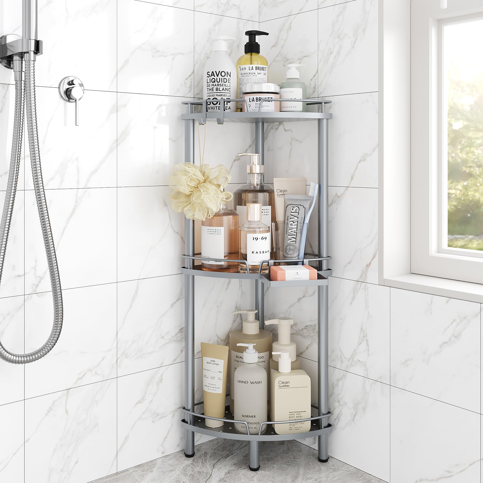 ELYKEN corner shower caddy 3-tier organizer for tidy, accessible bath toiletries.