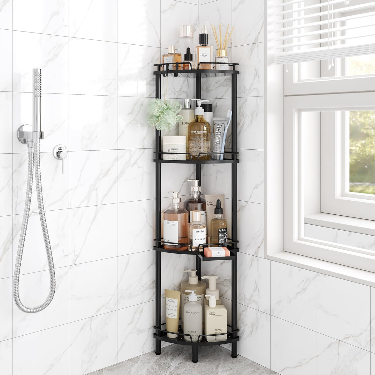 ELYKEN corner shower caddy with 4-tier rustproof frame keeps bath essentials organized.
