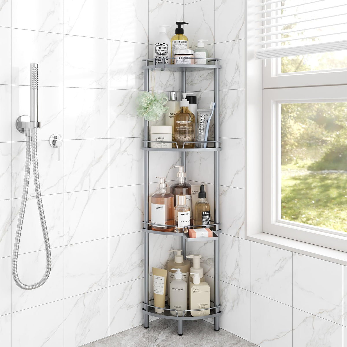 ELYKEN corner shower caddy 4-tier stores bottles neatly in the bathroom corner
