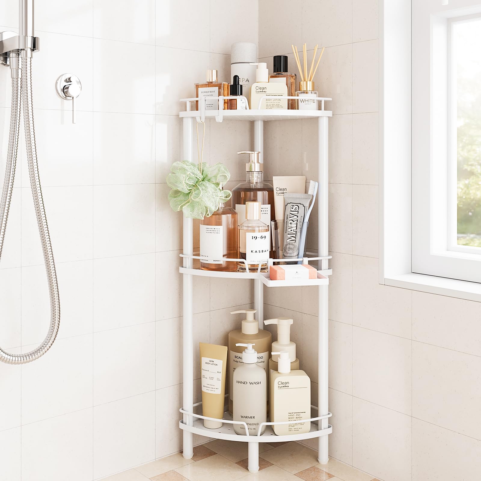 ELYKEN Corner Shower Caddy standing three-tier helps maximize corner storage.