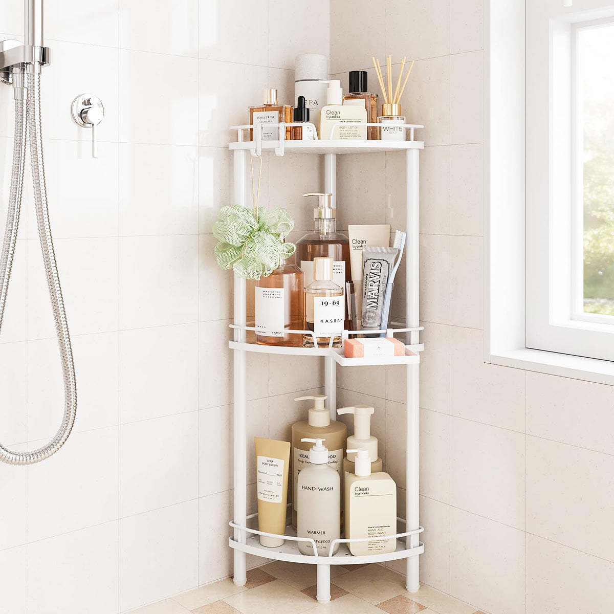 ELYKEN Corner Shower Caddy standing three-tier helps maximize corner storage.