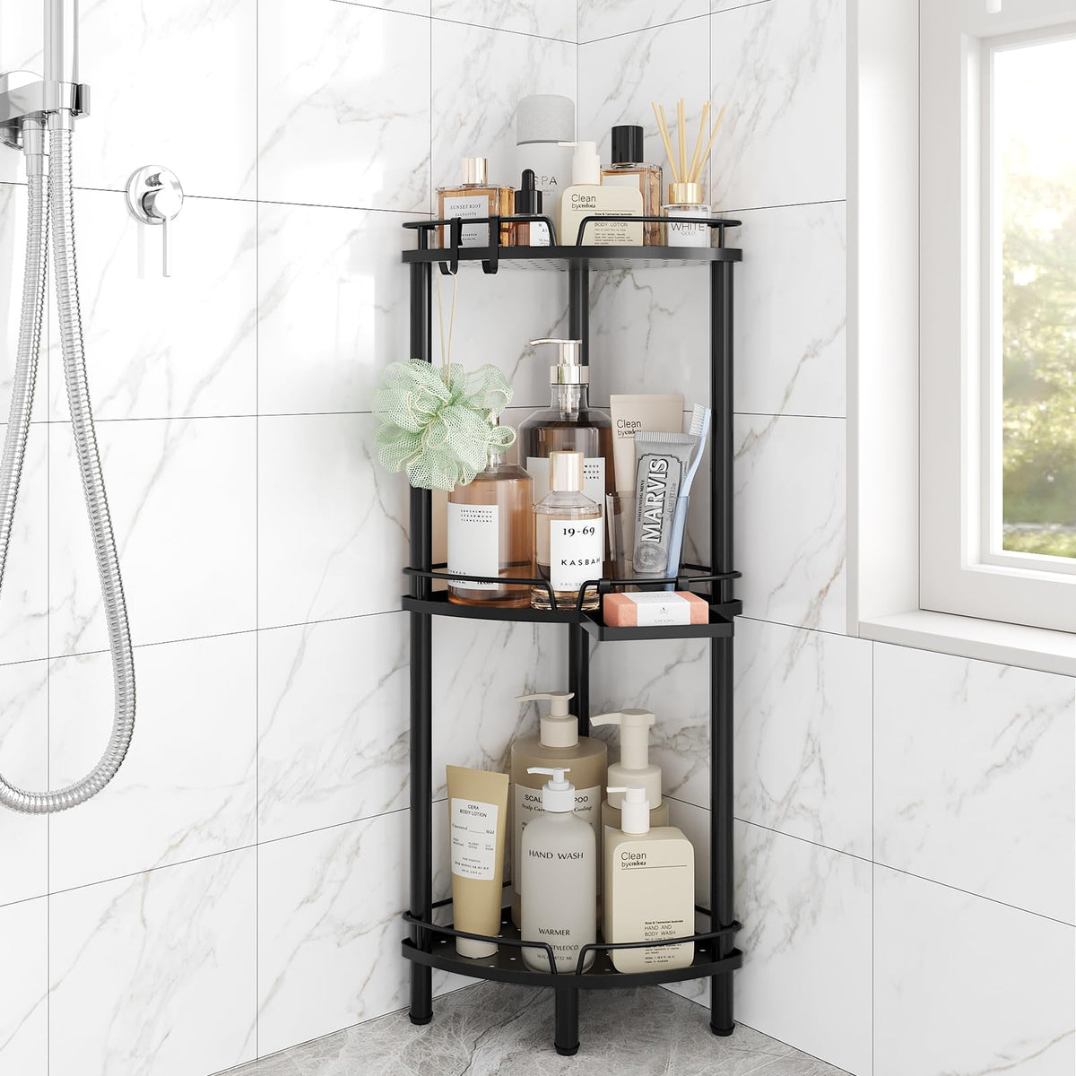 ELYKEN corner shower caddy standing displaying organized bottles in a tight corner