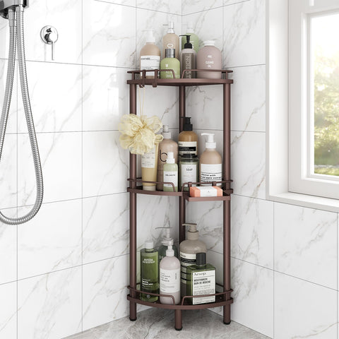 ELYKEN corner shower caddy standing in bronze finish keeps towels and bottles organized.