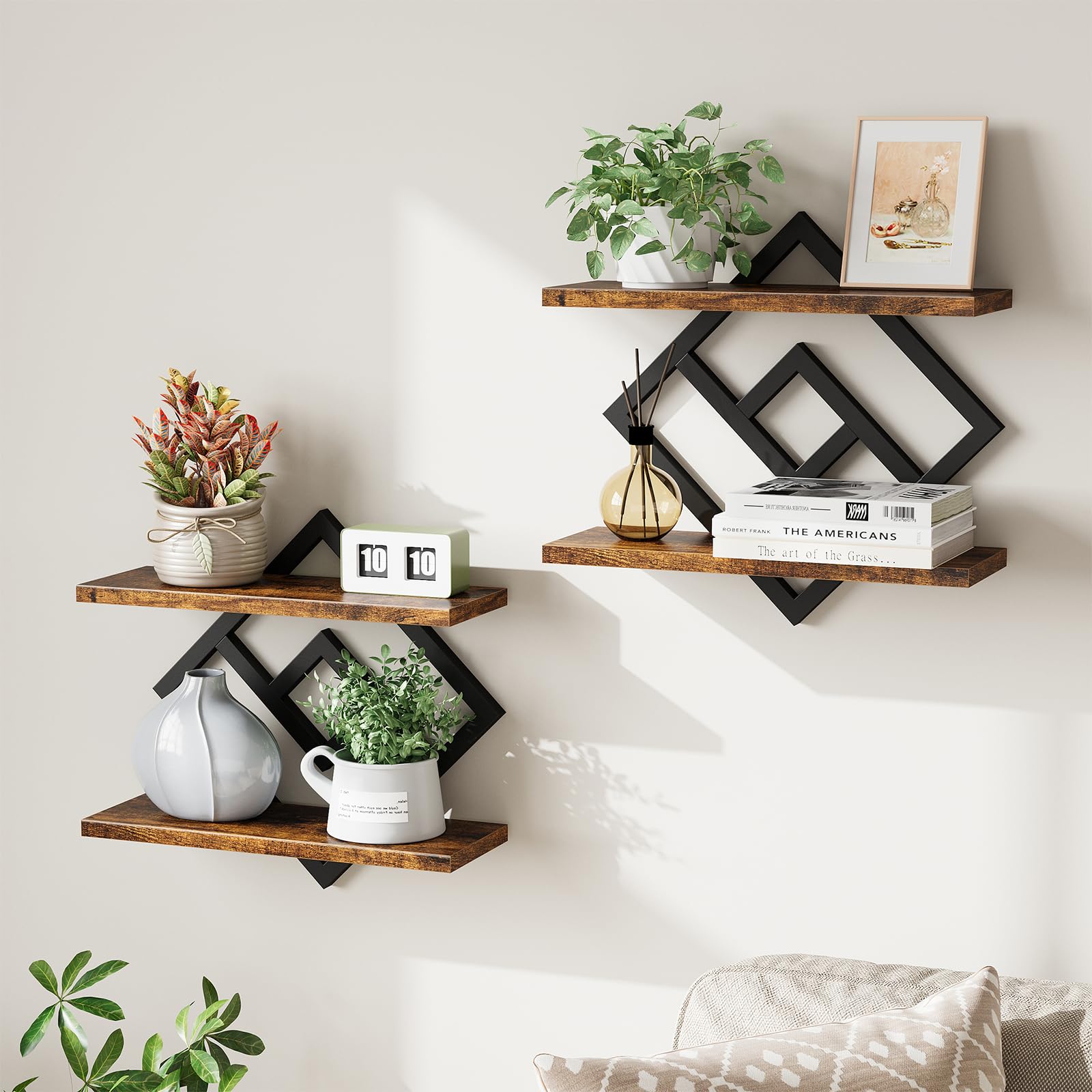 ELYKEN floating shelves with double-tier diamond frame on wall for space-saving display.