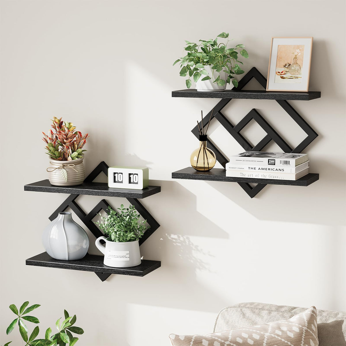 ELYKEN floating shelves with diamond frames display decor while saving wall space
