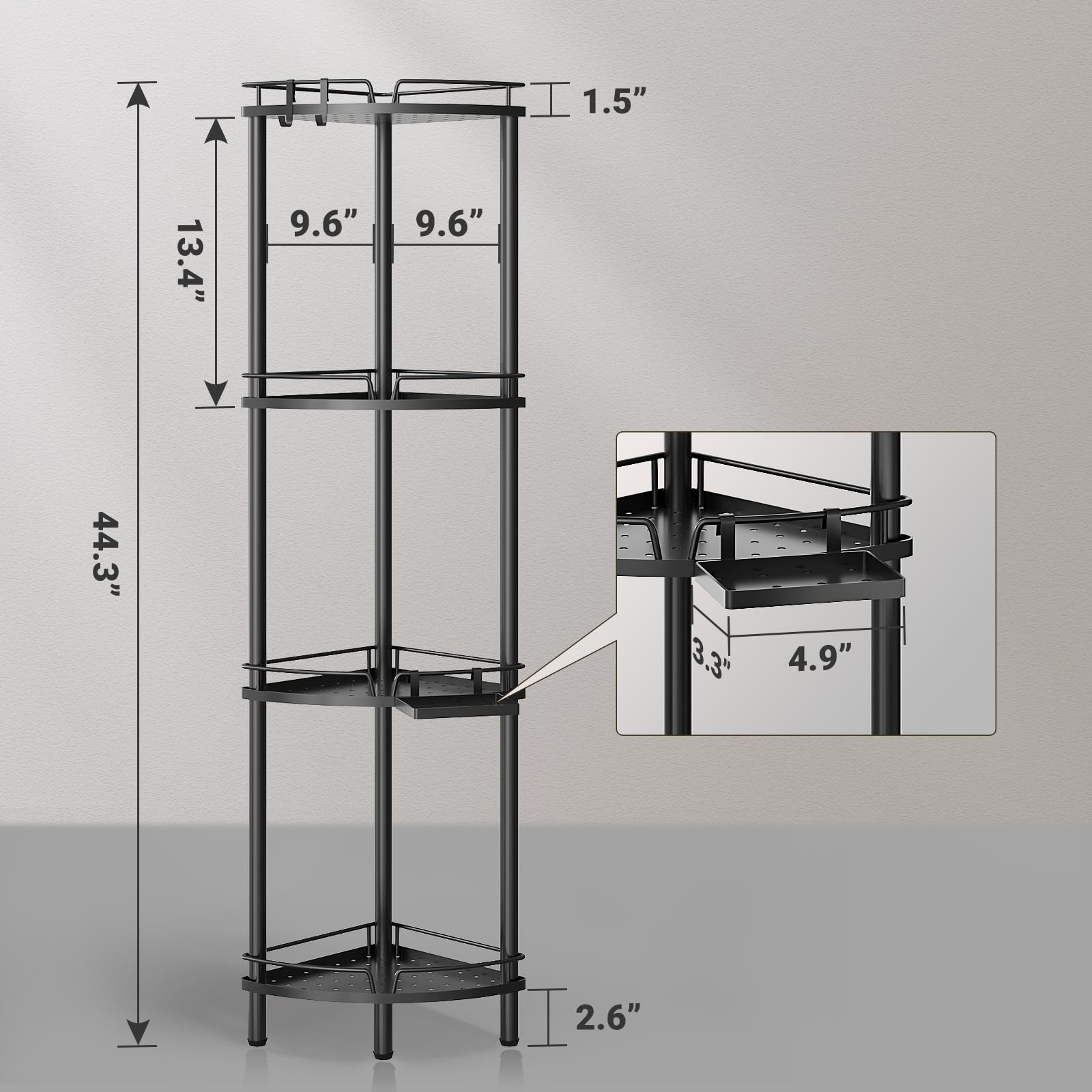 ELYKEN floor-standing shower shelf with side rails secures bottles reliably.