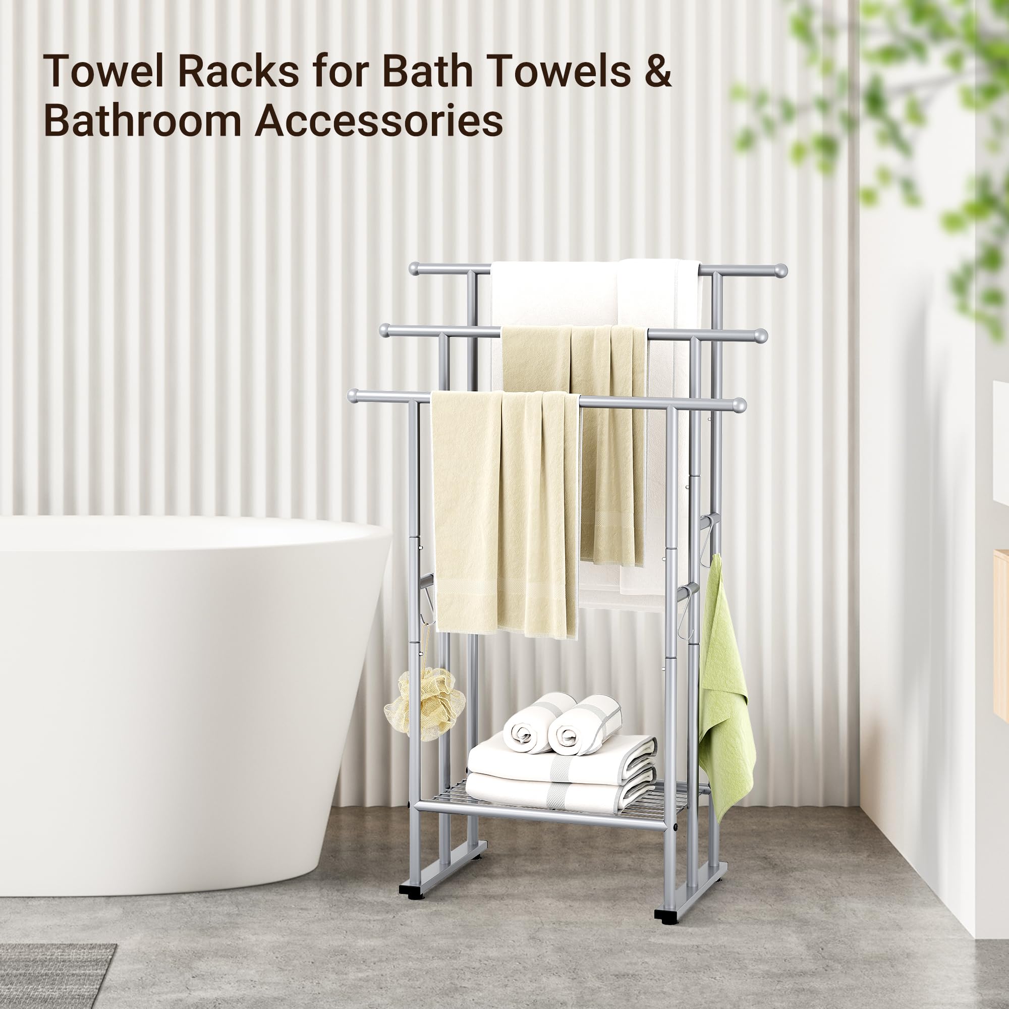 ELYKEN freestanding towel rack with shelf offers extra storage and stability.