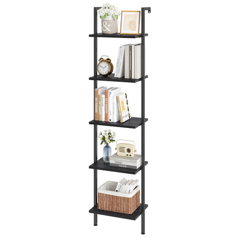 ELYKEN Ladder Shelf 5-tier front view shows black wood and metal frame for display.