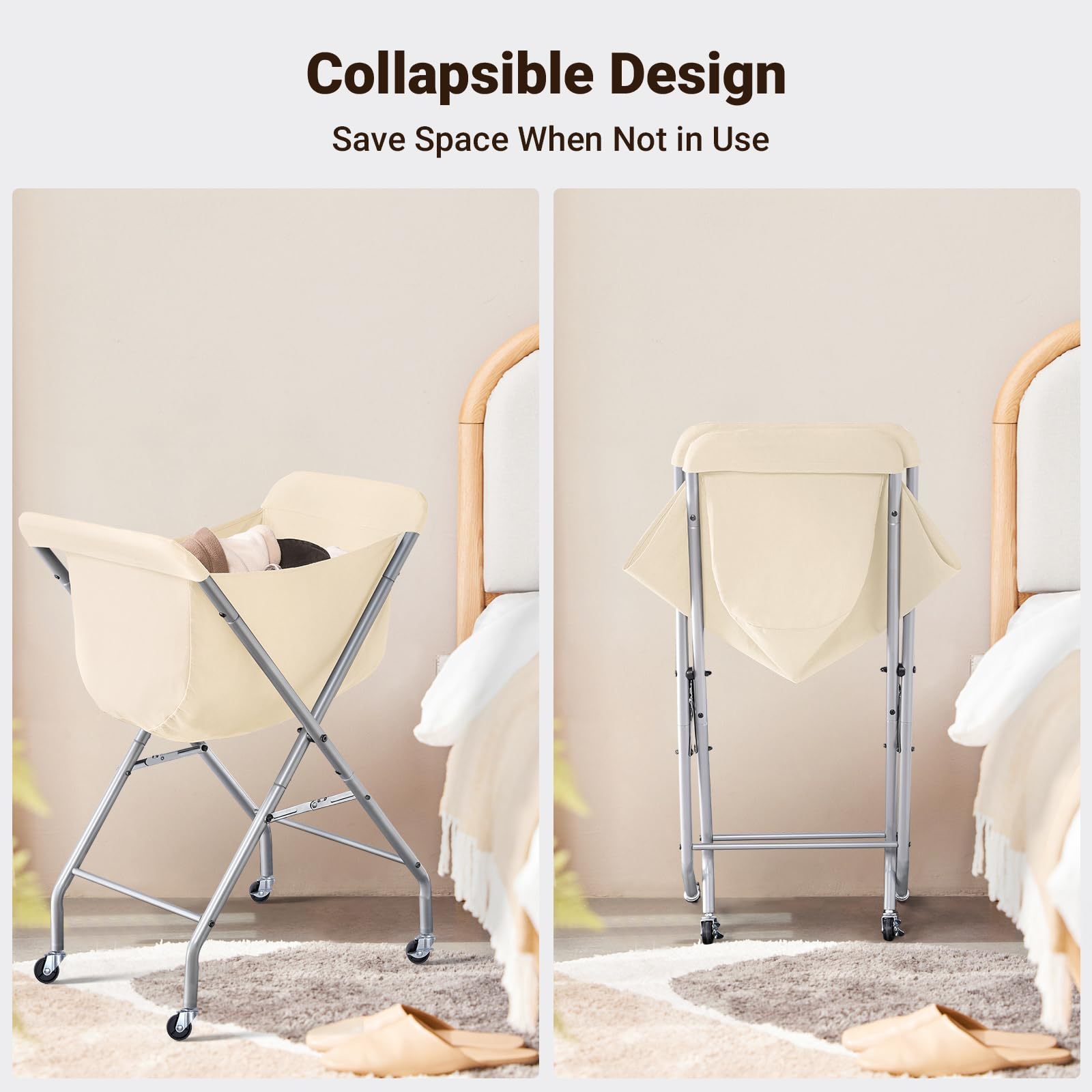 ELYKEN laundry cart brakes and casters for safe placement.