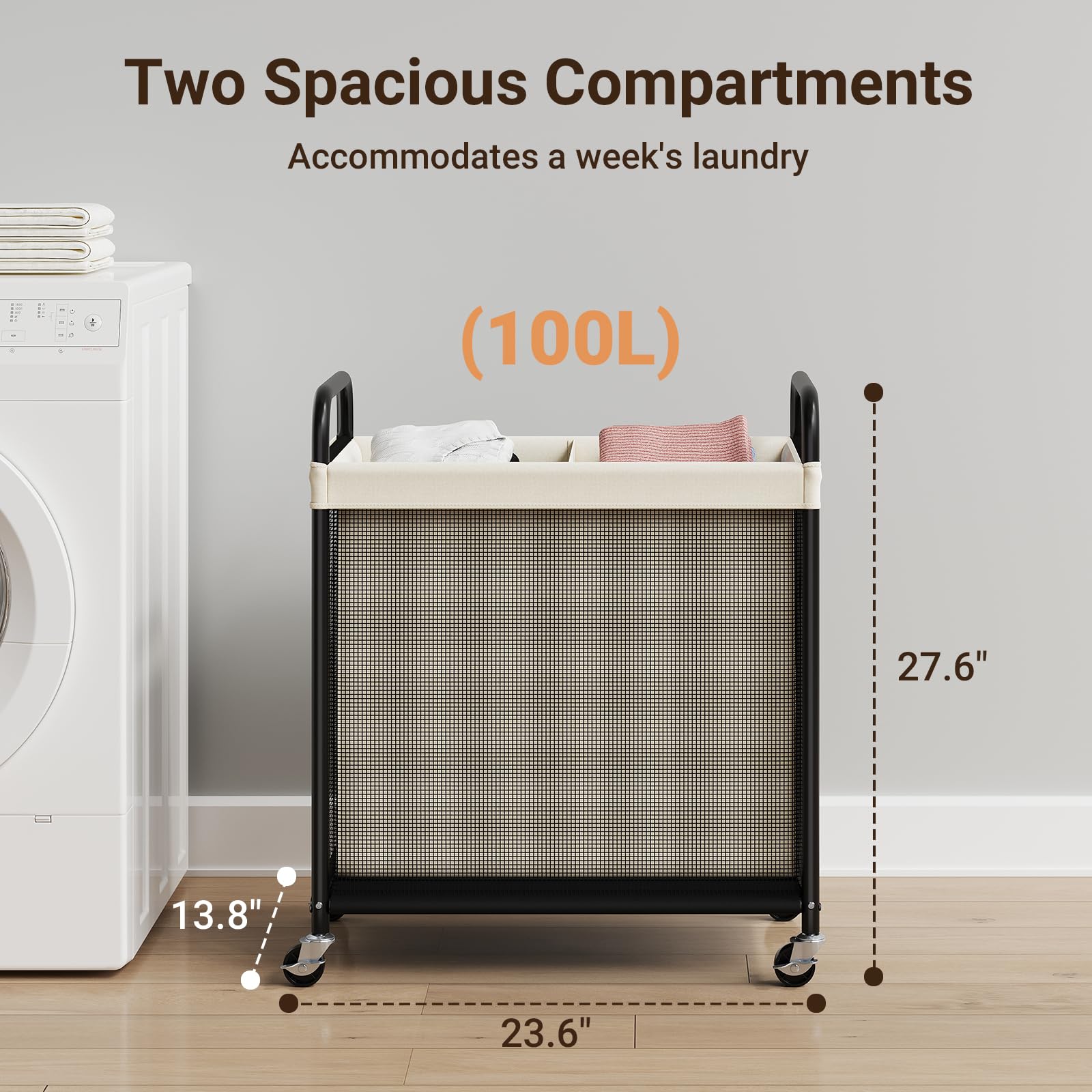 ELYKEN rolling laundry cart with wheels for smooth, effortless mobility.