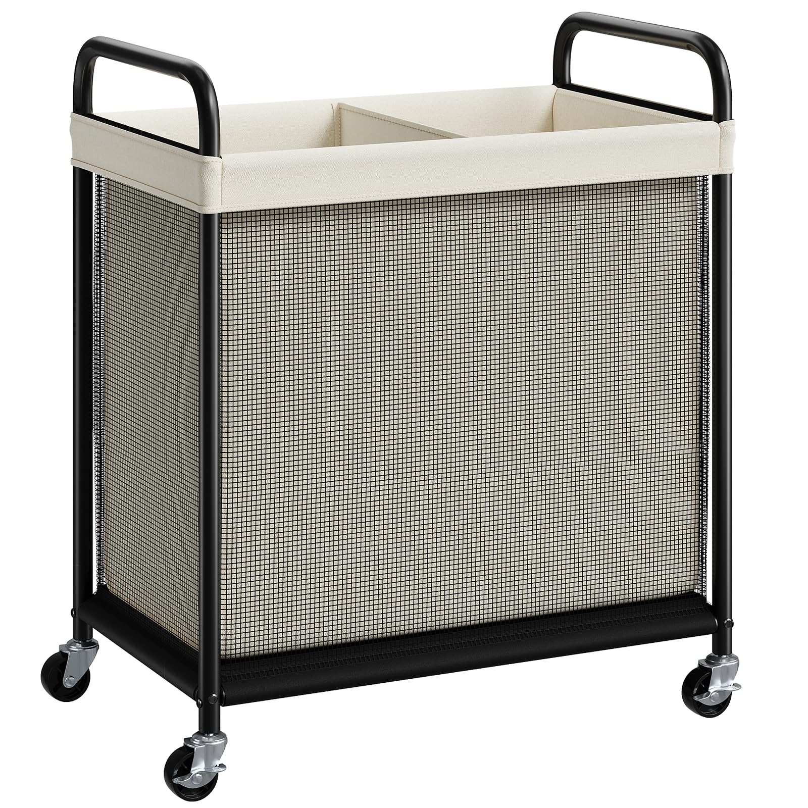 ELYKEN 2-section laundry hamper front view showing 100L capacity for easy sorting.
