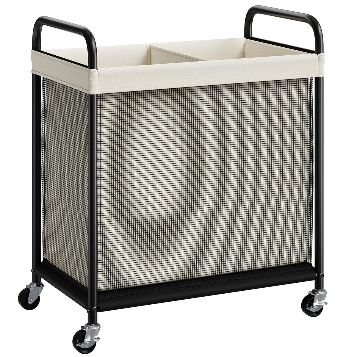 ELYKEN 2-section laundry hamper front view showing 100L capacity for easy sorting.