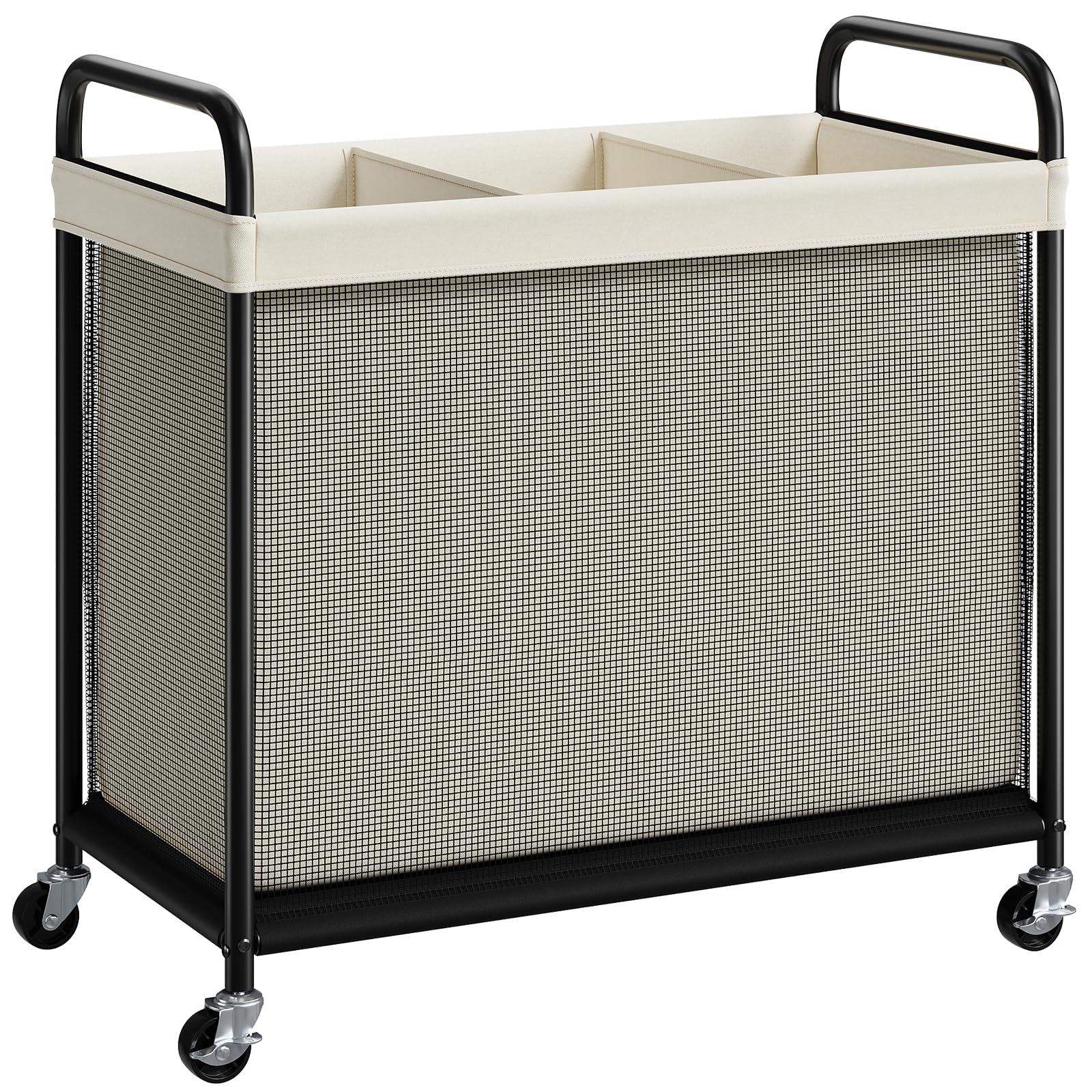 ELYKEN laundry hamper 3-section front view with wheels, ideal for compact spaces and easy transport.