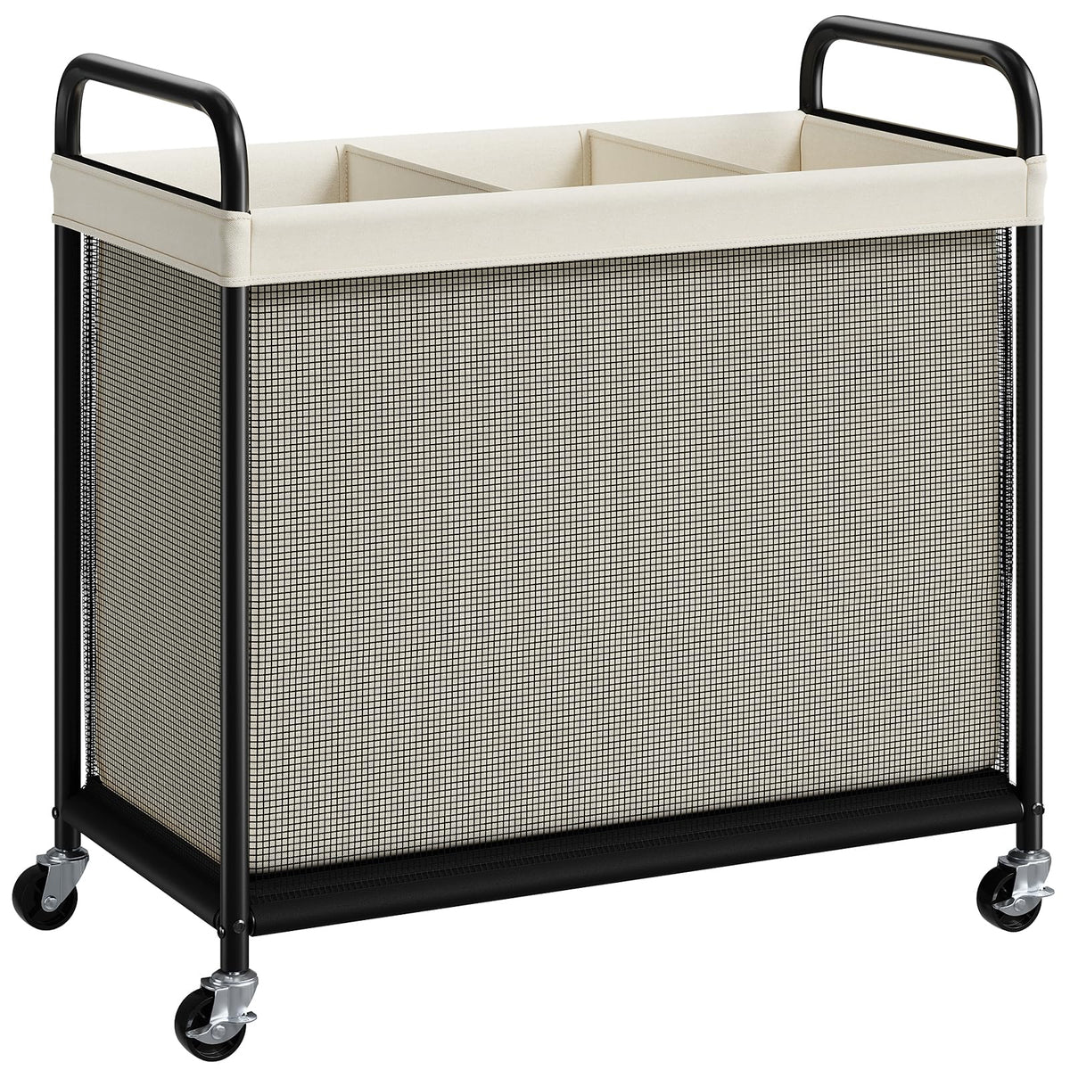 ELYKEN laundry hamper 3-section front view with wheels, ideal for compact spaces and easy transport.